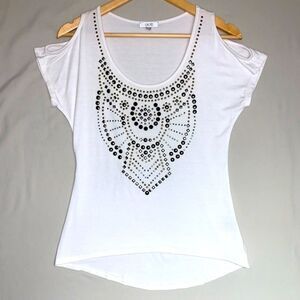 Cache White Cold Shoulder Shirt Women’s XS Embellished Blouse Top Neutral